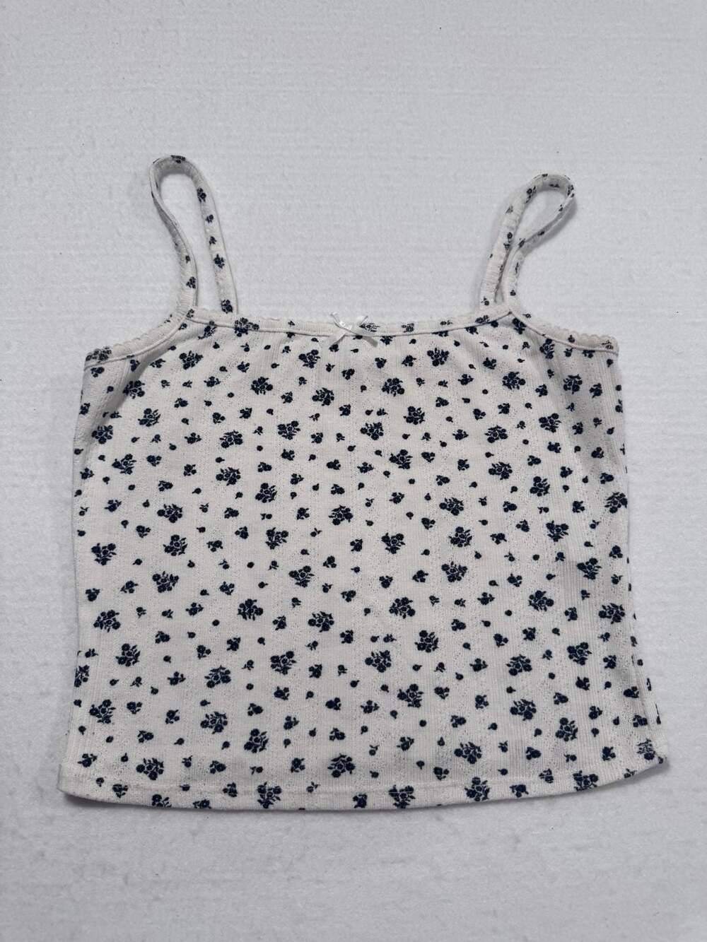 Garage White Blue Floral Ribbed Cami Tank Top Bow Detail Size Small